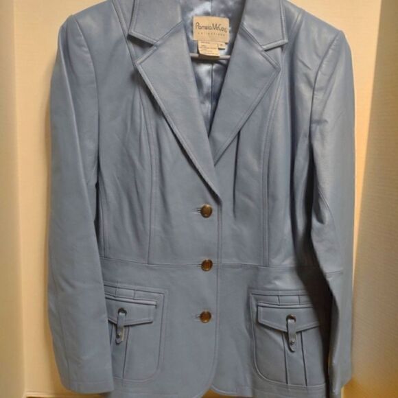 Pamela McCoy Blue Leather Jacket Size Medium Vintage - Picture 1 of 6